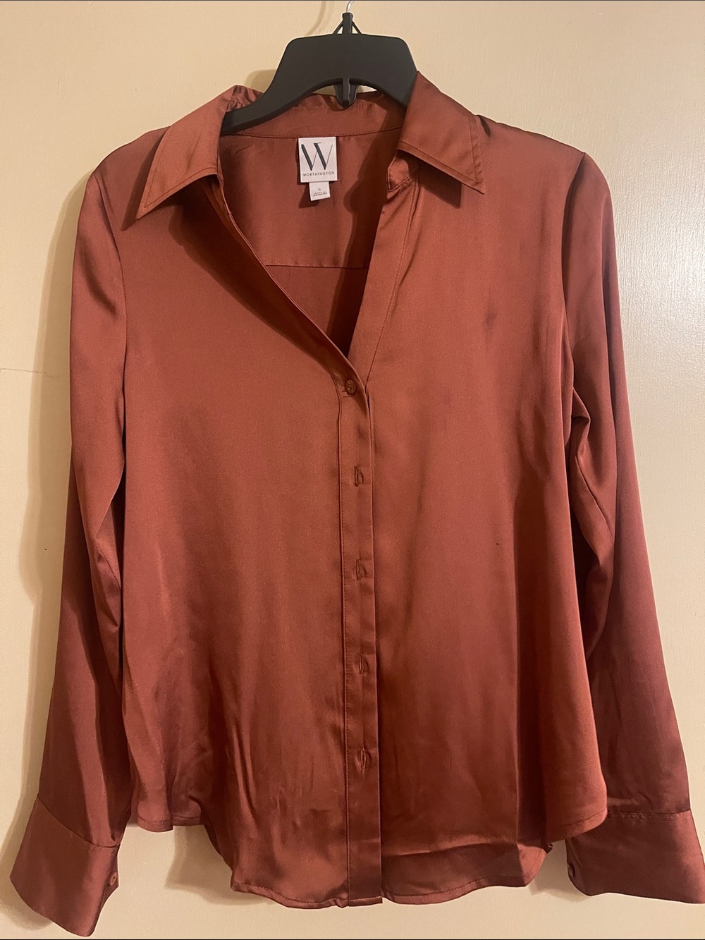 Worthington Satin Button-Down Shirt in Rust Brown